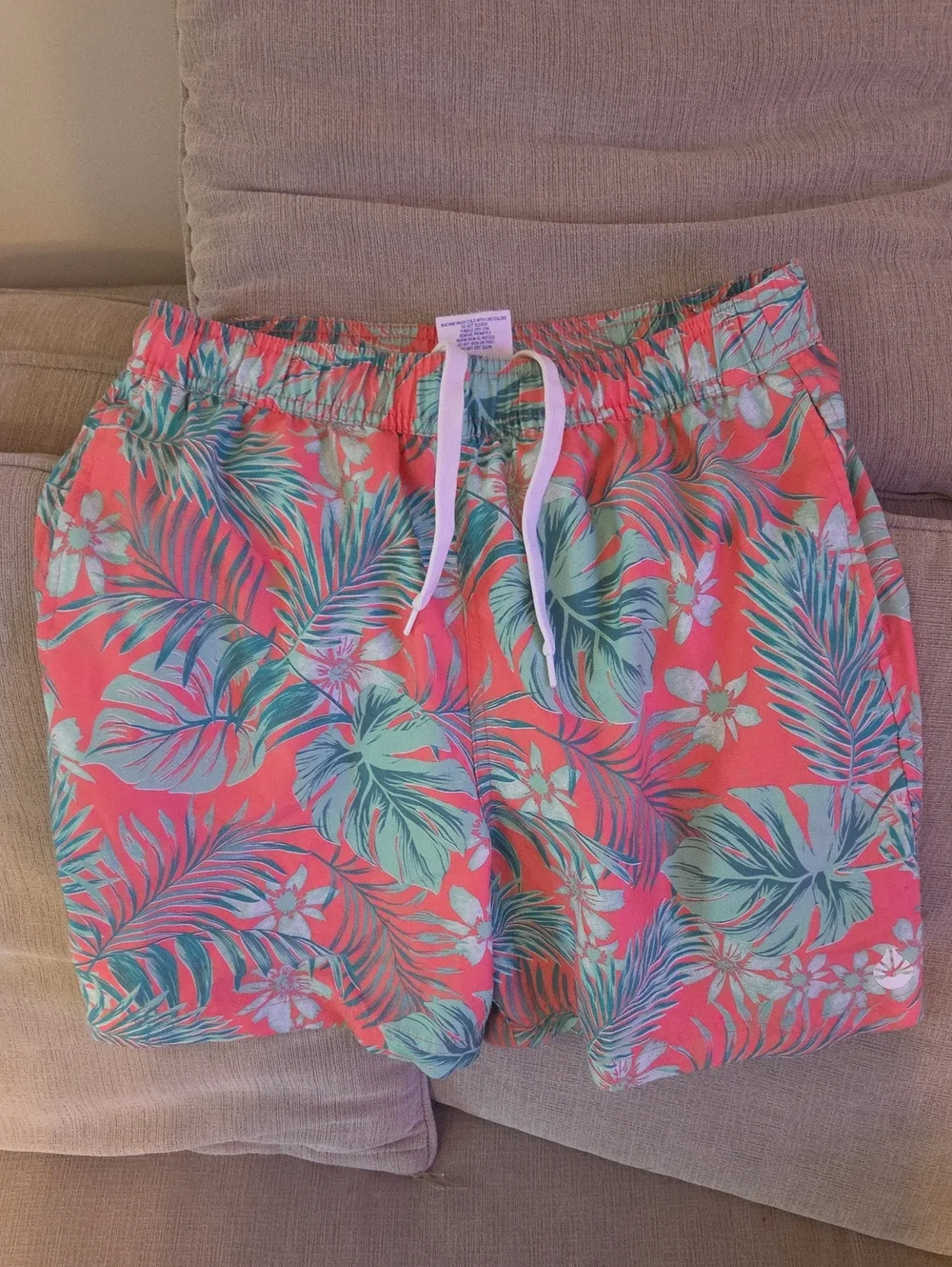 Coral Tropical Print Drawstring Mens Swim Trunks